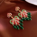 Detail of vintage heart earrings with red rhinestones and green faceted beaded tassels - 14# Silver Needle - Green - Heart