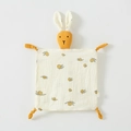 Beige cotton baby security blanket with rabbit head and golden fruit patterns - Lemon Print (Floral Rabbit)