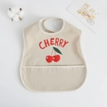 Waterproof baby bib with cherry print and catch pocket in beige for mealtime - Pu Bib (double-layered Bib) - Two Cherry Blossoms / One Size