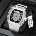 Reloj de hombre tonneau transparente de moda con esfera de calavera decorada y correa blanca - Caja de regalo / Esfera Negra Esqueleto Calavera Correa Blanca