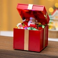 Dettaglio di un pacco regalo di Natale luminoso con Babbo Natale e luci LED calde - Babbo Natale Rosso Carillon