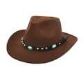 Dark brown felt cowboy hat with turquoise beads and golden studs on black leather band - M (56-58cm) / Coffee