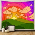 Detail of bohemian rainbow tapestry with cartoon sunset and green hills on a cement wall - AH161257-Cartoon Sunset Hills