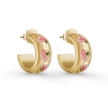 Orecchini a C dorati con motivi floreali rosa dipinti a mano e brillanti strass a stella - Pisello Odoroso