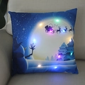 Detail of LED Christmas pillow with glowing snowman and Santa sleigh on sofa - Snowman Santa Sleigh Village-21M-23