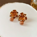 Vintage golden flower earrings with brown pearls and detailed metallic petals - Gold Flower Brown Pearl Style (ai-HE24197-8)