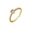 Detailed view of the 18K gold plated ring featuring a purple heart zircon and beaded band - Adjustable Open / Purple Style (10724)