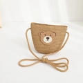 Cute brown straw crossbody bag for children featuring a soft cartoon bear embroidery - Khaki (Bag)