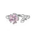 S925 sterling silver open ring with pink pear-cut zircon flower and leaf accents - Adjustable Open / Rhodium Plated Pink Zircon DY120986