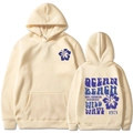 Beige hoodie with purple Ocean Beach California hibiscus print on front and back - S / Khaki (Purple Print)