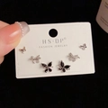 Three-piece silver butterfly stud earring set with black and zircon white details - Silver-Rhinestone Butterfly Set (92#)