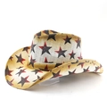 Western straw cowboy hat with red and black star prints and wide curved brim for summer - Khaki Star