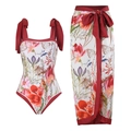 Three-piece red floral bikini set with tie-shoulder straps and matching wrap skirt - S / Red Butterfly Series