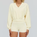 Women's pale yellow long sleeve hoodie set with matching side-stripe cycling shorts - S / Apricot Yellow
