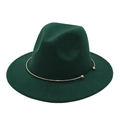 Detail shot of a dark green wool fedora hat featuring a gold metal buckle ornament - Dark Green