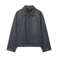 Women's dark gray minimalist zip-up lapel jacket in soft wool-like fabric, flat lay view - S / Gray