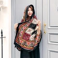 Ethnic bohemian shawl in black and red print with tassel details for beach and travel - Dark Green Plaid