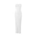 Detail of white strapless bodycon maxi dress featuring pleated bust and slim fit design - S / White