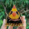 Orgone crystal pyramid with orange sphere and gold foil detail in resin - 6cm / A25-Black Stone Orange Red Ball Spiral