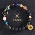 Pisces beaded bracelet with natural lava stones, lapis lazuli and gold zodiac charms - Pisces-Lava Stone