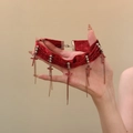 Red velvet choker with red rhinestone cross pendants and hanging metal tassels - Red