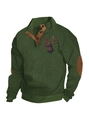 Detail of men's green knit sweater featuring deer pattern and brown elbow patches - Army Green
