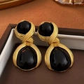 Close-up of gold metal earrings with black teardrop acrylic stones in a jewelry box - Black Circle Teardrop (34# Silver Pin)