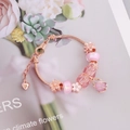 Rose gold snake chain bracelet with pink glass beads and floral heart charms - Pink Glass Bead Flower Heart Style (1#)