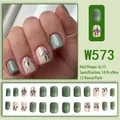 Detailed view of sage green and milky white press-on nails with hand-painted leaf patterns - Sage Green Leaf (W573) / 24 Pcs/Set