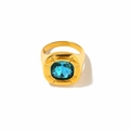 Bague vintage en acier inoxydable plaqué or 18k avec un grand zircon bleu carré - Or Pierre Bleue Carrée (YR51_2)