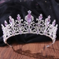 Detailed view of silver wedding crown featuring purple pear-shaped crystals and rhinestones - Silver & Light Purple (H1056)