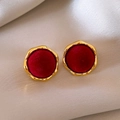 Elegant red velvet round stud earrings with irregular gold rim on silk background - Irregular Gold Edge Velvet Round Stud Earrings (38#) / Gold+Red