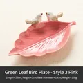 Elegant pink leaf-shaped ceramic jewelry tray featuring two decorative 3D little birds - Green Leaf Bird Tray - Style 3 Pink