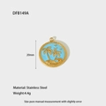 Macro view of 20mm gold-plated stainless steel palm tree pendant with blue enamel - Blue Sunset Round Pendant
