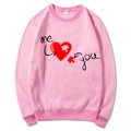 Pink crewneck sweatshirt with red heart puzzle print and me and you calligraphy art - Pink (Pattern 3)