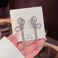 Sparkling S925 silver bow tassel earrings with micro-inlaid rhinestones in silver finish - Silver Full Rhinestone Bow Double Tassel Earrings (E0133)