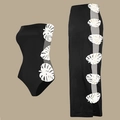 Détail de l'ensemble de bain noir avec empiècement en maille et motifs de feuilles blanches - S / Maillot de bain une pièce noir et blanc + ensemble jupe paréo