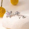 Silver flower stud earrings with pink heart zircon and white gems on beige background - Flower Design (A248-Single)