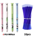 Panda erasable gel pen set with 4 cartoon pens and 10 blue ink refills for students - Panda Style Pens And Refills / Black Ink