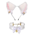 White cat ear headband and lace choker set with golden bells and ribbon bows - White/Pink Inside Cat Ears + White Lace Choker