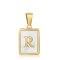 Golden rectangular stainless steel pendant with letter R and mother of pearl inlay - Letter R