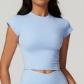 Completo crop top a maniche corte celeste e leggings da yoga a vita alta coordinati - Celeste