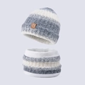 Winter striped knit hat and neck warmer set for kids in grey and white with fleece lining - Gray