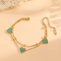 Double-layer gold stainless steel bracelet featuring three green heart charms on stone base - Gold Green Shell Bracelet (A719)