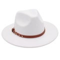 Detail of white wool fedora hat with a brown leather belt buckle and metal studs - One Size (57cm) / White (3 Studs)