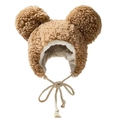 Braune Baby Wintermütze aus Sherpa mit Bärenohren und Webband für Wärme und Schutz - 56-58cm / Khaki