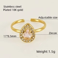 Bague réglable en acier inoxydable plaqué or 18 carats avec zircon rose poire - Ouvert Réglable / Zircone Rose