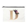 Canvas makeup bag featuring a large beige letter D and colorful floral print details - Letter D