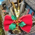 Christmas bow decoration with red fabric, golden bell, and holly leaves for pets and gifts - Style 33-Red Velvet Green Leaf Berry Single Bell
