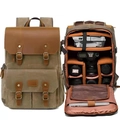 Waterproof canvas camera backpack with leather trim and padded drone storage dividers - Drone Version / Khaki
